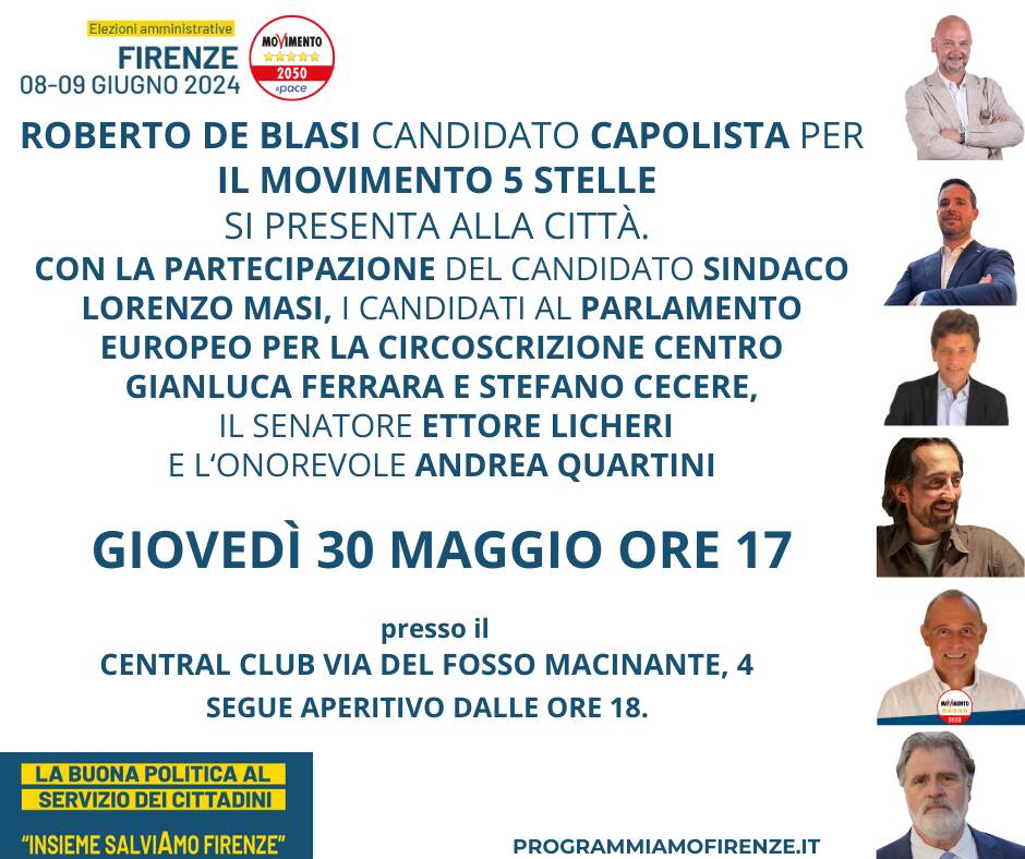 ROBERTO DE BLASI candidato Capolista per il Movimento 5 Stelle si presenta alla città. 